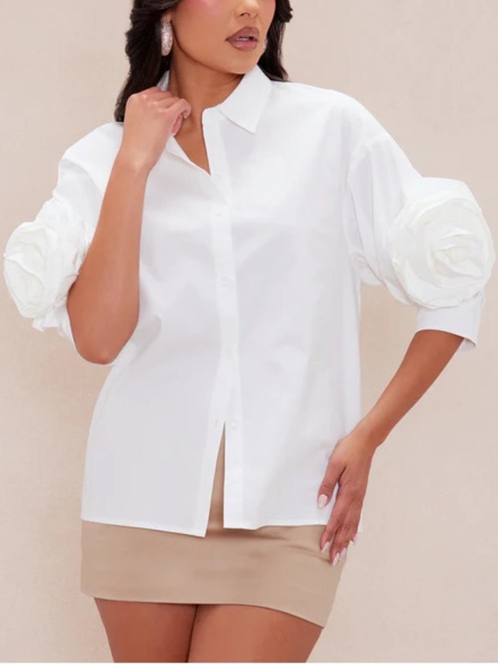 Fashion Nova White Button-Down Shirt with Rosette Sleeves